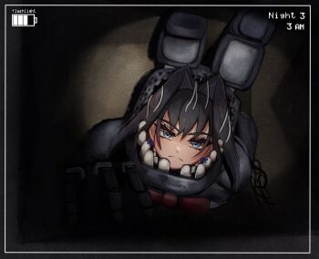 1girl battery_indicator black_hair blue_eyes bow bow_earrings closed_mouth earrings five_nights_at_freddy&#039;s five_nights_at_freddy&#039;s_2 highres hololive hololive_english jewelry light_frown ouro_kronii solo virtual_youtuber withered_bonnie yume_(yume_ato29)