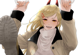 1girl absurdres backlighting black_shoes blonde_hair blurry brown_jacket chainsaw_man commentary_request cross-shaped_pupils dakuonpu depth_of_field fangs hair_ornament hairclip highres horns jacket leg_up open_mouth orange_eyes power_(chainsaw_man) red_horns sharp_teeth shoes sleeves_past_wrists smile solo symbol-shaped_pupils teeth turtleneck upper_body