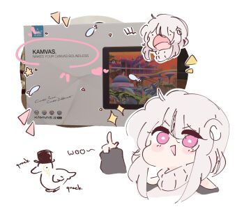 ._. 1girl :> :o animal artist_self-insert bare_shoulders bird blush_stickers chonkyorca clothing_cutout commentary duck english_commentary grey_hair grey_sweater hair_between_eyes hand_up hat highres huion long_hair monocle multiple_views open_mouth orca_(chonkyorca) original pink_eyes pointing shoulder_cutout smile sweater top_hat turtleneck turtleneck_sweater v-shaped_eyebrows white_background