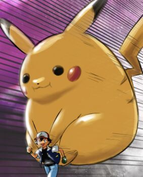 :3 ash_ketchum cheek_bulge creature full_body gen_1_pokemon highres mas_square motion_lines nintendo pikachu pokemon pokemon_(anime) pokemon_(classic_anime) pokemon_(creature) riding running signature size_difference smile solo standing what white_background