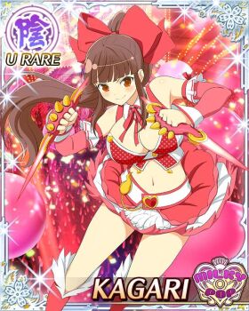 1girl blunt_bangs boots breasts card_(medium) cleavage crop_top crowd detached_collar detached_sleeves dual_wielding elbow_gloves frilled_skirt frills game_cg gloves hair_ribbon high_ponytail holding instrument kagari_(senran_kagura) knife large_breasts long_hair navel neck_ribbon non-web_source official_alternate_costume official_art ponytail red_boots red_eyes red_hair red_ribbon red_skirt ribbon senran_kagura senran_kagura_new_wave sidelocks skirt solo tambourine weaponized_instrument white_gloves