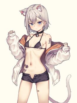 1girl animal_ears bandaid_on_thigh bare_shoulders bell bikini bikini_shorts bikini_under_clothes black_bikini black_collar black_shorts blue_eyes breasts cat_ears cat_girl cat_tail collar ear_piercing expressionless extra_ears grey_hair highres jacket long_sleeves micro_shorts mouse_hair_ornament navel neck_bell off_shoulder open_clothes open_fly open_jacket original piercing ryuudog short_hair shorts simple_background small_breasts stomach stomach_tattoo swimsuit tail tattoo two-sided_fabric two-sided_jacket white_background white_jacket