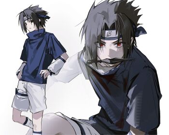 1boy 9boksen black_hair blue_shirt detached_sleeves hand_on_own_hip highres kunai looking_at_viewer male_focus naruto_(series) naruto_shippuuden red_eyes shirt shorts solo t-shirt uchiha_sasuke weapon weapon_in_mouth white_background