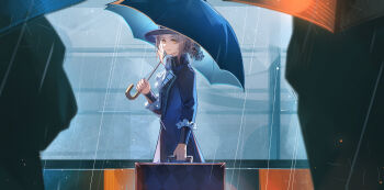 1girl absurdres ascot black_coat black_hat black_umbrella boater_hat closed_mouth coat commentary_request grey_hair hair_bun hat highres holding holding_suitcase holding_umbrella looking_at_viewer people rain relws reverse:1999 single_side_bun solo_focus suitcase umbrella vertin_(reverse:1999) white_ascot yellow_eyes