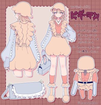 1boy 1girl abs amputee artist_name bag bag_over_head biggy_man biggy_man_(cosplay) blue_bag blue_sleeves boots bow brown_boots brown_bow brown_hair brown_hat brown_shirt brown_skirt bubble_skirt chainsaw character_name closed_mouth colored_skin commentary copyright_name cosplay double_amputee frilled_bag frilled_boots frilled_hat frilled_suspenders frills front_and_back full_body grid_background hair_over_shoulder hat heart highres holding holding_bag jewelry long_hair long_sleeves looking_at_viewer multiple_views muscular muscular_male nail_polish necklace o-ring orange_eyes red_nails red_skin red_socks red_sweater shira_neri shirt shorts sidelocks skirt sleeves_past_wrists socks splatterhouse standing suspenders sweater torn_clothes torn_shirt torn_shorts translated wavy_hair