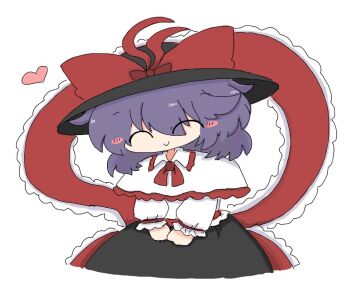 1girl ^_^ black_hat black_skirt blush_stickers bow capelet closed_eyes closed_mouth hat hat_bow heart kuuinusuki long_sleeves nagae_iku purple_hair red_bow shirt short_hair simple_background skirt smile solo touhou white_background white_capelet white_shirt