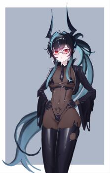 1girl absurdres bahamut_(nikke) black_boots black_gloves black_hair black_jacket black_liquid black_necktie bodystocking boots breasts commentary covered_navel cropped_jacket glasses gloves goddess_of_victory:_nikke grey_background grey_hair guni_(svgthprm) hair_between_eyes hair_intakes hands_on_own_hips highres horns jacket latex_bikini liquid_clothes long_hair long_sleeves looking_at_viewer medium_breasts mole mole_under_mouth multicolored_hair necktie open_clothes open_jacket parted_lips ponytail pubic_tattoo red_eyes see-through_cleavage see-through_clothes semi-rimless_eyewear sidelocks skindentation slit_pupils solo standing swimsuit tattoo thigh_boots two-tone_hair under-rim_eyewear underbust very_long_hair