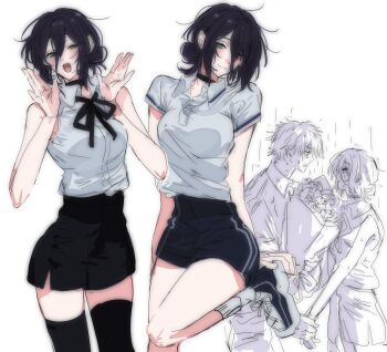 1boy 1girl bare_arms black_choker black_hair black_ribbon black_shorts black_socks black_thighhighs blush bouquet breasts chainsaw_man choker collared_shirt commentary_request denji_(chainsaw_man) eye_contact fingernails flower hair_between_eyes hetero highres holding holding_bouquet holding_hands long_hair_between_eyes looking_at_another looking_at_viewer medium_breasts multiple_views n_(mpp770) neck_ribbon rain reze_(chainsaw_man) ribbon shirt shoes shorts side_slit side_slit_shorts simple_background sleeveless sleeveless_shirt smile sneakers socks standing standing_on_one_leg thighhighs white_background white_shirt