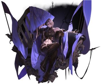 1girl arm_behind_back arm_tattoo artist_request belt black_belt black_boots black_gloves black_jacket black_pants black_shirt blonde_hair blue_eyes boots chain claw_ring combat_boots cropped_shirt ear_piercing eyes_visible_through_hair fabric full_body glint gloves jacket jacket_partially_removed jewelry knee_up leather leather_jacket midriff navel necklace o-ring official_art outstretched_arm pants parted_lips path_to_nowhere piercing shirt short_hair single_bare_shoulder sitting skull sleeveless sleeveless_shirt smile solo stomach_tattoo studded swept_bangs tattoo thigh_strap transparent_background turtleneck zoya_(path_to_nowhere)