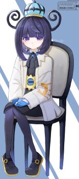 1girl belt belt_buckle black_dress black_shoes blue_background blue_belt blue_gloves blue_hat blunt_bangs bob_cut buckle chair closed_mouth coat commentary_request dress eyelashes full_body gloves gwynn_(pokemon) hat highres long_sleeves marushi_(marusiiiil) mega_stone nintendo o-ring o-ring_belt on_chair open_clothes open_coat pantyhose partially_fingerless_gloves pokemon pokemon_legends:_z-a purple_eyes purple_hair purple_pantyhose shoes short_hair sitting solo twitter_username two-tone_background white_background white_coat