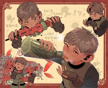 1boy 2girls ;q alcohol antennae arm_around_shoulder arm_up arrow_(symbol) arthropod_girl beckoning biting black_nails black_shirt blush border bottle brown_gloves brown_hair chilchuck_tims colored_skin commentary crumbs cupping_hand drink drinking dripping dungeon_meshi eating extra fingerless_gloves food food_on_face freckles gloves grey_hair half-closed_eyes halfling hand_on_another's_chest hand_up hands_up head_tilt hetero holding holding_bottle holding_drink holding_food insect_wings licking licking_hand long_hair long_sleeves looking_at_viewer ltt12028136 monster_girl mosquito_girl multiple_girls multiple_views mushroom nail_polish one_eye_closed open_mouth outside_border red_border red_skin red_wings sexually_suggestive shirt short_hair skewer smirk spikes tongue tongue_out vest walking_mushroom_(dungeon_meshi) wavy_hair wings yellow_background