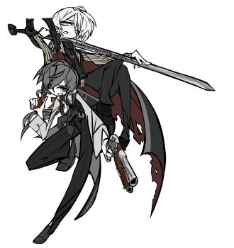 2girls belt black_belt black_coat black_pants black_shoes black_vest blue_eyes brown_sweater coat coat_on_shoulders faust_(project_moon) gun highres holding holding_gun holding_sword holding_weapon knees_up lcb_uniform_(project_moon) limbus_company looking_at_viewer multiple_girls oc_x_canon original pants project_moon ribbed_sweater shoes short_hair sweater sword unihalf vest weapon white_hair zweihander