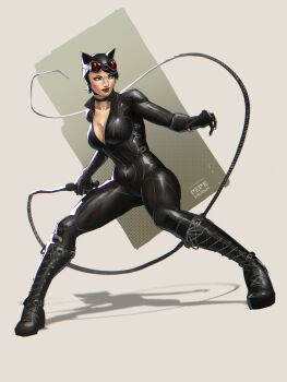 1girl animal_ears artist_name batman_(series) black_bodysuit black_boots black_choker black_hair black_hat bodysuit boots breasts cat_ears catwoman choker cleavage commentary commission dc_comics english_commentary fake_animal_ears full_body goggles goggles_on_headwear green_eyes grey_background hat highres holding holding_weapon holding_whip large_breasts looking_to_the_side partially_unzipped pepedraws red-tinted_eyewear red_lips selina_kyle short_hair solo tinted_eyewear weapon