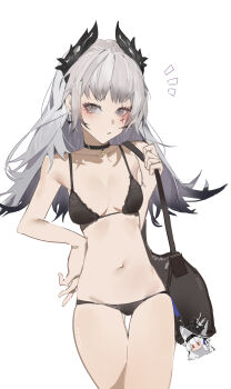 1girl absurdres arknights bad_anatomy bag bikini black_bikini breasts grey_eyes grey_hair highres irene_(arknights) long_hair looking_at_viewer navel ren_er_nu_zi_kou_gui shoulder_bag simple_background small_breasts solo specter_(arknights) specter_the_unchained_(arknights) swimsuit white_background