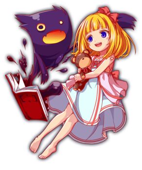 1girl 1other anime_coloring artist_request back_bow bare_arms bare_legs bare_shoulders barefoot black_eyes blonde_hair blue_eyes blunt_bangs blush_stickers bob_cut book bow child collar collarbone colored_sclera crash_fever cross-laced_jacket detached_collar double_horizontal_stripe double_vertical_stripe dress eve's_friend eve_(crash_fever) full_body game_cg hair_bow hairband holding holding_stuffed_toy horizontal-striped_dress jacket jacket_ribbon knees_together_feet_apart lace lace-trimmed_dress lace_trim looking_at_another medium_hair neck_ribbon number_tattoo numbered official_art open_book open_clothes open_jacket open_mouth outline pages pink_bow pink_hairband pink_jacket pink_ribbon red_outline ribbon simple_background sleeveless sleeveless_jacket square square_tattoo straight_hair strapless strapless_dress striped_clothes striped_dress stuffed_animal stuffed_toy tachi-e tattoo teddy_bear teeth third-party_source toes transparent_background upper_teeth_only vertical-striped_clothes vertical-striped_dress white_collar white_dress wing_collar yellow_sclera