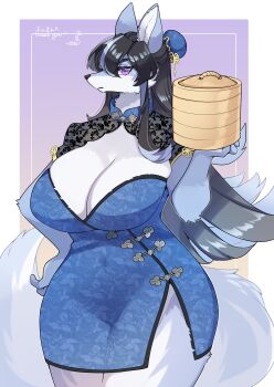 1girl absurdres animal_ear_fluff animal_ears animal_nose black_hair blue_dress blue_fur blue_hair body_fur border breasts chinese_clothes cleavage commentary_request commission cowboy_shot curvy dress furry furry_female gradient_background hair_between_eyes hand_on_own_hip highres holding huge_breasts long_hair looking_at_viewer multicolored_hair ookami-chan_(kim_3022) open_mouth original purple_eyes side_slit simple_background skeb_commission snout solo standing streaked_hair tail thank_you white_border wide_hips wolf_ears wolf_girl wolf_tail zakro