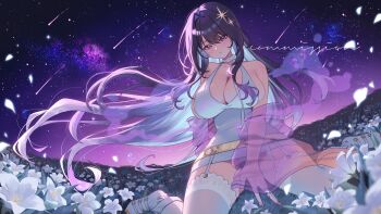 1girl belt black_hair blush boots breasts cleavage commentary commission detached_sleeves english_commentary field flower flower_field garter_straps gold_belt gradient_background gradient_hair grass hair_intakes hair_ornament highres huge_breasts lace lace-trimmed_thighhighs lace_trim light_blush long_hair looking_at_viewer mole mole_on_breast multicolored_hair orange_nails original panties pink_hair pink_sky purple_sky see-through_clothes see-through_sleeves seoki_(hi3031) shirt shooting_star sideboob sky solo star_(sky) star_(symbol) star_hair_ornament starry_sky thighhighs underwear upskirt very_long_hair white_boots white_flower white_hair white_panties white_shirt white_thighhighs