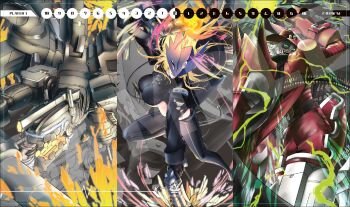 Rule 34 | 1boy, 1girl, beelstarmon, black coat, black shirt, blonde hair, breasts, coat, cowboy hat, cropped shirt, digimon, digimon (creature), dual wielding, eye mask, grey hair, gun, gundramon, hat, highres, holding, holding gun, holding weapon, jiyuuya, large breasts, long hair, magnakidmon, mask, non-humanoid robot, playmat, red hat, robot, robot dragon, sample watermark, shirt, third eye, underboob, watermark, weapon, zoom layer
