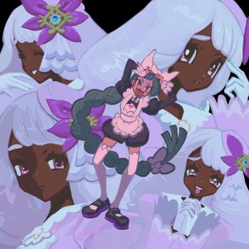 2girls ^_^ apron arms_up ascot black_romper black_shoes bow bowtie braid braided_ponytail closed_eyes dark-skinned_female dark_skin dress edari_ebi fangs fascinator frilled_ascot frills frown full_body furrowed_brow gloves green_hair hand_up hands_on_own_head highres interlocked_fingers jacinthe_(pokemon) juliet_sleeves lebanne_(pokemon) long_braid long_hair long_sleeves looking_at_viewer maid_apron maid_headdress mary_janes master_and_servant mega_stone multiple_expressions multiple_girls multiple_views nintendo open_mouth own_hands_together parted_lips pokemon pokemon_legends:_z-a puffy_sleeves purple_dress purple_eyes purple_hair romper shoes shouting single_braid smile standing teeth thighhighs unamused upper_teeth_only v-shaped_eyebrows very_dark_skin very_long_hair white_bow white_bowtie white_gloves white_thighhighs