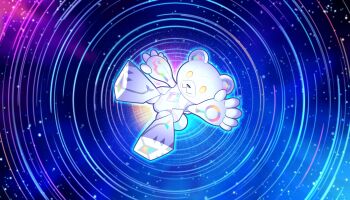 arm_up closed_mouth commentary_request crystal duel_monster full_body hierotubas highres no_humans solo star_(sky) star_trail stuffed_animal stuffed_toy teddy_bear time_lapse ursarctic_polari yellow_eyes yu-gi-oh!