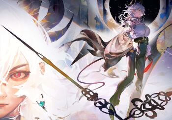 1girl absurdres black_gloves black_horns black_jacket black_pants breasts bright_pupils button_gap closed_mouth commentary curled_horns earrings gloves highres horns jacket jewelry key_earrings large_breasts long_hair long_sleeves looking_at_viewer mooofoo multicolored_hair multiple_views pants red_eyes shirt_tucked_in streaked_hair white_hair white_pupils wuthering_waves zani_(wuthering_waves)