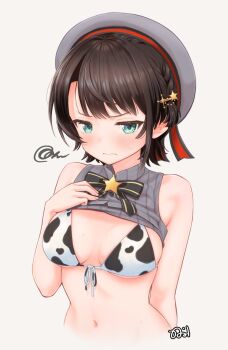 1girl animal_print aqua_eyes bare_shoulders beret bikini bikini_under_clothes blush breasts brown_hair commentary_request cow_print cow_print_bikini cropped_torso embarrassed front-tie_bikini_top front-tie_top grey_background grey_hat hair_ornament hat hat_ribbon highres hololive kanami_yuu looking_at_viewer medium_breasts medium_hair navel official_alternate_costume oozora_subaru oozora_subaru_(suspenders) open_mouth print_bikini red_ribbon ribbon solo swimsuit underboob upper_body v-shaped_eyebrows virtual_youtuber wavy_mouth
