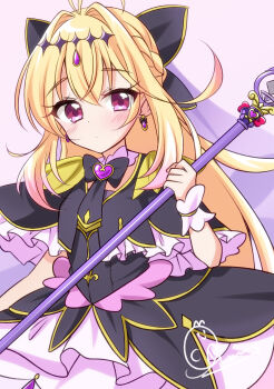 Rule 34 | 1girl, absurdres, antenna hair, black bow, black capelet, black dress, blonde hair, blush, bow, braid, brooch, capelet, closed mouth, cowboy shot, cure arcana shadow, diamond hairband, dot nose, dress, earrings, expressionless, frills, hair bow, hair intakes, heart, heart brooch, highres, holding, holding staff, jewelry, layered dress, long hair, looking at viewer, magical girl, meitantei precure!, moria luluka, precure, purple background, purple eyes, sagiri neon, shadow, signature, simple background, solo, staff, standing, tear arcana rod, white wrist cuffs, wrist cuffs