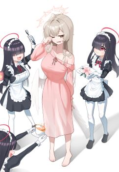 4girls absurdres arm_up barefoot black_dress black_hair blue_archive brown_eyes brown_hair closed_mouth commentary_request cup dress flower gloves hair_over_eyes halo highres holding holding_cup holding_saucer holding_toothbrush juliet_sleeves justice_task_force_member_(blue_archive) korean_commentary long_hair long_sleeves looking_at_another maid maid_headdress malsan multiple_girls nagisa_(blue_archive) one_eye_closed open_mouth pantyhose pink_dress pink_flower puffy_sleeves red_eyes red_halo saucer see-through_clothes see-through_dress simple_background single_off_shoulder smile standing teacup toothbrush white_background white_gloves white_pantyhose white_wings wings