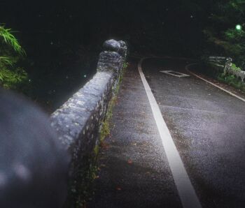 absurdres commentary gerar_dc highres moss no_humans original outdoors photorealistic realistic road scenery stone_wall tree