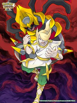 adjusting_clothes adjusting_headwear antenna_hair blonde_hair copyright_logo copyright_name dated english_text evil_smile full_body fur-trimmed_collar fur-trimmed_sleeves fur_trim gen_4_pokemon giratina giratina_(origin) hair_bun hat highres legendary_pokemon logo looking_at_viewer nintendo official_art open_mouth pokemon pokemon_(creature) pokemon_legends:_arceus pokemon_masters_ex red_eyes ringed_eyes single_hair_bun smile twitter_username volo_(pokemon)