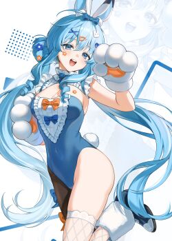 1girl absurdres animal_ear_hairband animal_ears animal_hands arahashi_tabi asymmetrical_legwear blue_hair blue_leotard blue_teeth colored_teeth commentary covered_navel fake_animal_ears fake_tail hairband highres leotard long_hair looking_at_viewer mismatched_legwear mond_sl playboy_bunny rabbit_ear_hairband rabbit_ears simple_background solo standing standing_on_one_leg stellive strapless strapless_leotard symbol-only_commentary tail teeth thighs upper_teeth_only white_background