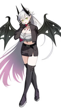 1girl absurdres black_boots black_hands black_jacket blush body_markings boots breasts choker colored_extremities commentary_request crossed_bangs demon_girl demon_horns demon_wings ear_piercing fate/grand_order fate_(series) full_body green_eyes grey_hair hair_between_eyes high_ponytail highres horns jacket large_breasts lilith_(fate) lilith_(over_the_same_sky)_(fate) long_hair long_sleeves navel one_eye_closed open_mouth piercing pointy_ears ponytail shirt smile solo thigh_boots thighs tongue tongue_out very_long_hair white_shirt wings yuzu_sanma