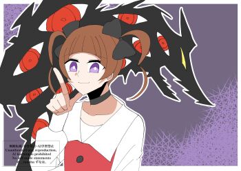 1girl digimon digimon_(creature) looking_at_viewer purple_eyes red_eyes shademon smile yamada_haruko zunaha