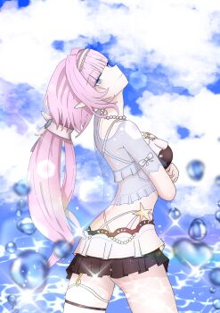 1girl absurdres bikini bikini_skirt blue_eyes blue_sky breasts commentary_request elf elysia_(honkai_impact) elysia_(miss_pink_elf)_(honkai_impact) elysia_(summer_miss_elf)_(honkai_impact) from_side hairband highres honkai_(series) honkai_impact_3rd jacket jewelry long_hair looking_at_viewer medium_breasts necklace official_alternate_costume pearl_necklace pink_hair pointy_ears see-through_clothes see-through_jacket sky solo swimsuit takabayashi4129 thigh_strap thighs very_long_hair water_drop white_bikini white_hairband