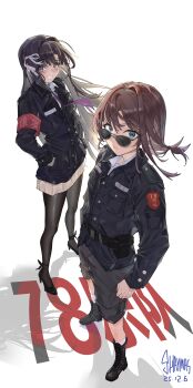 Rule 34 | 2girls, absurdres, awa subaru, black hair, black jacket, black pantyhose, black shoes, blue eyes, brown hair, brown skirt, chinese commentary, closed mouth, commentary request, floating hair, girls band cry, grey shorts, hair ribbon, highres, indoors, iseri nina, jacket, long hair, looking at viewer, medium hair, multiple girls, necktie, pantyhose, pleated skirt, purple necktie, ribbon, shaymas, shoes, shorts, simple background, skirt, standing, sunglasses, white background, white ribbon