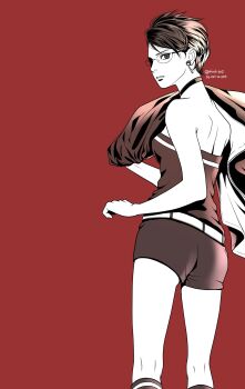1girl ass bare_shoulders boruto:_two_blue_vortex breasts choker commentary earrings feet_out_of_frame from_behind glasses highres holding holding_jacket holding_unworn_clothes jacket jewelry limited_palette looking_back matsu_(fu6ide2) naruto_(series) red_background romper short_hair small_breasts solo strapless_romper twitter_username uchiha_sarada unworn_jacket