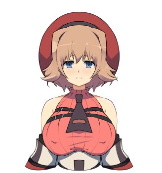 1girl armpit_crease bare_shoulders black_necktie blue_eyes blush breasts brown_hair covered_erect_nipples detached_sleeves hair_between_eyes hat highres kometoze kurohoro_(senran_kagura) large_breasts looking_at_viewer necktie parted_lips red_hat red_skirt red_sweater senran_kagura senran_kagura_new_wave short_hair simple_background skirt sleeveless sleeveless_sweater sleeveless_turtleneck smile solo sweater teeth turtleneck turtleneck_sweater underbust upper_body white_background