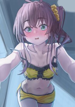 1girl absurdres bare_shoulders blush brown_hair collarbone commentary_request crop_top dolphin_shorts girl_on_top green_eyes hair_ornament hair_scrunchie highres hololive long_hair midriff natsuiro_matsuri natsuiro_matsuri_(matsuri's_day_off) navel open_mouth pov scrunchie shorts side_ponytail solo starkamisan strap_slip sweat virtual_youtuber wavy_mouth