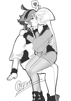 Rule 34 | 2girls, 715piro gon, absurdres, asticassia school uniform, boots, closed mouth, commentary, greyscale, gundam, gundam suisei no majo, hairband, hand on another's face, hand on another's shoulder, hand on another's waist, heart, highres, jacket, kiss, long hair, miorine rembran, monochrome, multiple girls, pantyhose, school uniform, shorts, sitting, sitting on lap, sitting on person, smile, spoken heart, suletta mercury, untranslatable commentary, watermark, yuri