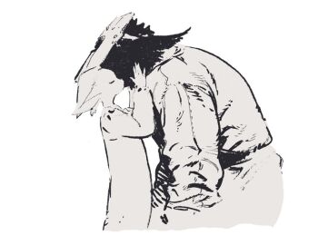 1boy 1girl body_fur closed_eyes commentary_request cowboy_shot dress furry furry_female furry_male greyscale hands_on_another&#039;s_face monochrome nagabe original simple_background welding_mask white_background