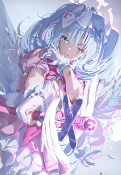 1girl absurdres alternate_costume alternate_hairstyle blue_archive blue_hair blue_wings bow breasts cleavage commentary_request dress feathered_wings gloves green_eyes hair_bow hairband halo highres holding holding_staff large_breasts long_hair magical_girl mine_(blue_archive) pink_bow pink_dress pink_halo scar scar_across_eye scar_on_face solo staff tamagore torn_clothes torn_dress torn_gloves twintails white_bow white_gloves white_hairband wings