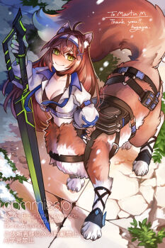 1girl ahoge animal_ear_fluff animal_legs armband bag belt breasts centauroid collarbone commentary_request fingerless_gloves fox fox_girl from_above gloves green_eyes hair_ornament hairband hand_on_own_hip highres hogara holding holding_sword holding_weapon jacket large_breasts long_sleeves looking_at_viewer monster_girl original outdoors puffy_sleeves slit_pupils smile sword taur weapon white_jacket x_hair_ornament