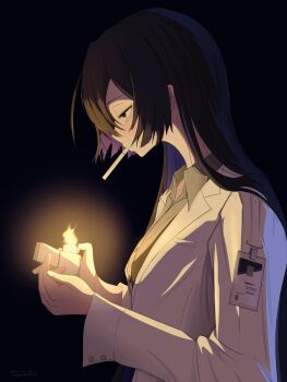 1girl a.i._voice black_background black_hair blue_eyes cigarette collared_shirt colored_inner_hair from_side half-closed_eyes highres id_card lab_coat lapels lighter lighting_cigarette long_hair multicolored_hair profile purple_hair shirt signature simple_background smoking solo tororo_mochimochi upper_body yogatari_tobari zippo_lighter