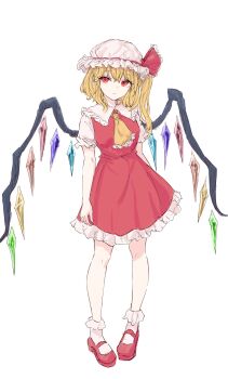 Rule 34 | 1girl, absurdres, ascot, blonde hair, closed mouth, crystal wings, dress, flandre scarlet, frilled ascot, frilled dress, frilled shirt collar, frilled sleeves, frilled socks, frills, full body, hat, hat ribbon, highres, kashiwada kiiho, long hair, mary janes, mob cap, red dress, red eyes, red ribbon, red shoes, ribbon, shoes, short sleeves, side ponytail, simple background, socks, solo, standing, touhou, white background, white hat, white socks, wings, yellow ascot