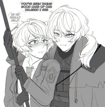 1boy a_certain_sinclair_(project_moon) aged_up black_gloves blush closed_mouth commentary english_commentary english_text gloves halberd height_difference highres limbus_company long_hair male_focus mijo_vogel11 monochrome necktie open_mouth polearm ponytail project_moon red_necktie shirt simple_background sinclair_(project_moon) upper_body weapon white_background white_shirt