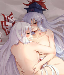 Rule 34 | 2girls, absurdres, blue hair, blue hat, blush, breasts, collarbone, commentary, completely nude, covered nipples, edz drawz, fujiwara no mokou, hair spread out, hat, highres, implied threesome, kamishirasawa keine, large breasts, lipstick mark, lipstick mark on neck, long hair, looking at viewer, multiple girls, nude, red eyes, ribbon, sweat, touhou, very long hair, white hair, white ribbon