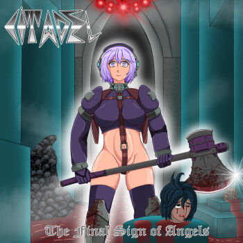 1girl absurdres armor axe beyond_citadel blood blood_on_shoes bloody_weapon blue_eyes blue_hair bosske breasts commando_(the_citadel) commentary crotch_strap english_commentary gas_mask glint gloves headset helmet highres holding holding_weapon knarrenheinz long_sleeves looking_at_viewer martyr_(the_citadel) mask medium_breasts navel one_eye_closed parody pile_of_skulls pool_of_blood purple_eyes purple_gloves purple_hair purple_thighhighs red_eyes revealing_clothes severed_head short_hair sodom_(band) solo the_citadel the_final_sign_of_evil_(sodom) thighhighs title_parody weapon