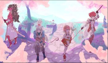 2boys 2girls armor blacklegend05z bow_(weapon) breasts brown_hair fire_emblem fire_emblem_fates grey_hair high_ponytail hinoka_(fire_emblem) holding holding_bow_(weapon) holding_polearm holding_staff holding_sword holding_weapon japanese_armor japanese_clothes katana multiple_boys multiple_girls nintendo pink_hair polearm ponytail prince princess ryoma_(fire_emblem) sakura_(fire_emblem) samurai siblings small_breasts staff sword takumi_(fire_emblem) weapon