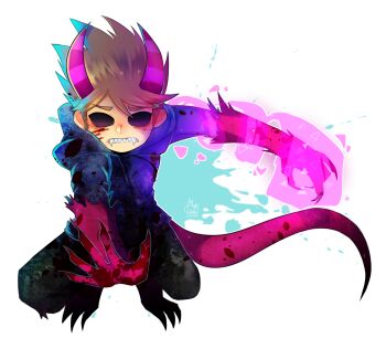 1boy animification blood blue_hoodie brown_hair claws commentary eddsworld english_commentary hollow_eyes hood hood_down hoodie horns male_focus molechan monster_boy monster_tom_(eddsworld) outstretched_arm sharp_teeth short_hair simple_background solo squatting tail teeth tom_(eddsworld) transparent_background