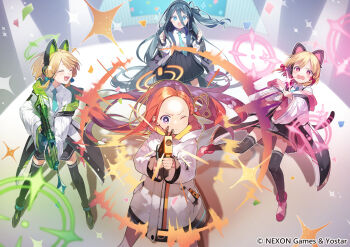 4girls aris_(blue_archive) black_thighhighs blonde_hair blue_archive blue_hair closed_eyes closed_mouth commentary_request game_development_department_(blue_archive) gun hair_between_eyes highres hiyo_kiki holding holding_gun holding_weapon jacket long_hair_between_eyes looking_at_viewer midori_(blue_archive) momoi_(blue_archive) multiple_girls necktie official_art one_eye_closed open_clothes open_jacket open_mouth red_hair school_uniform shirt siblings sisters skirt smile thighhighs twins weapon white_shirt yuzu_(blue_archive)